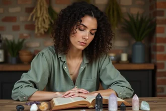 Femme contemplant des pierres précieuses sur une table en bois avec un livre d'astrologie ouvert, illustrant le choix de sa pierre selon son signe ou son intuition