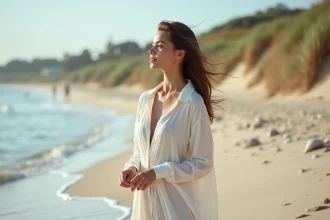 Femme en robe légère sur la plage au bord de la mer