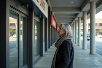 Femme d'âge moyen devant un centre commercial moderne