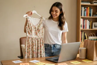 Jeune femme tenant une robe fleurie achetée en ligne à petit prix devant son ordinateur portable à domicile