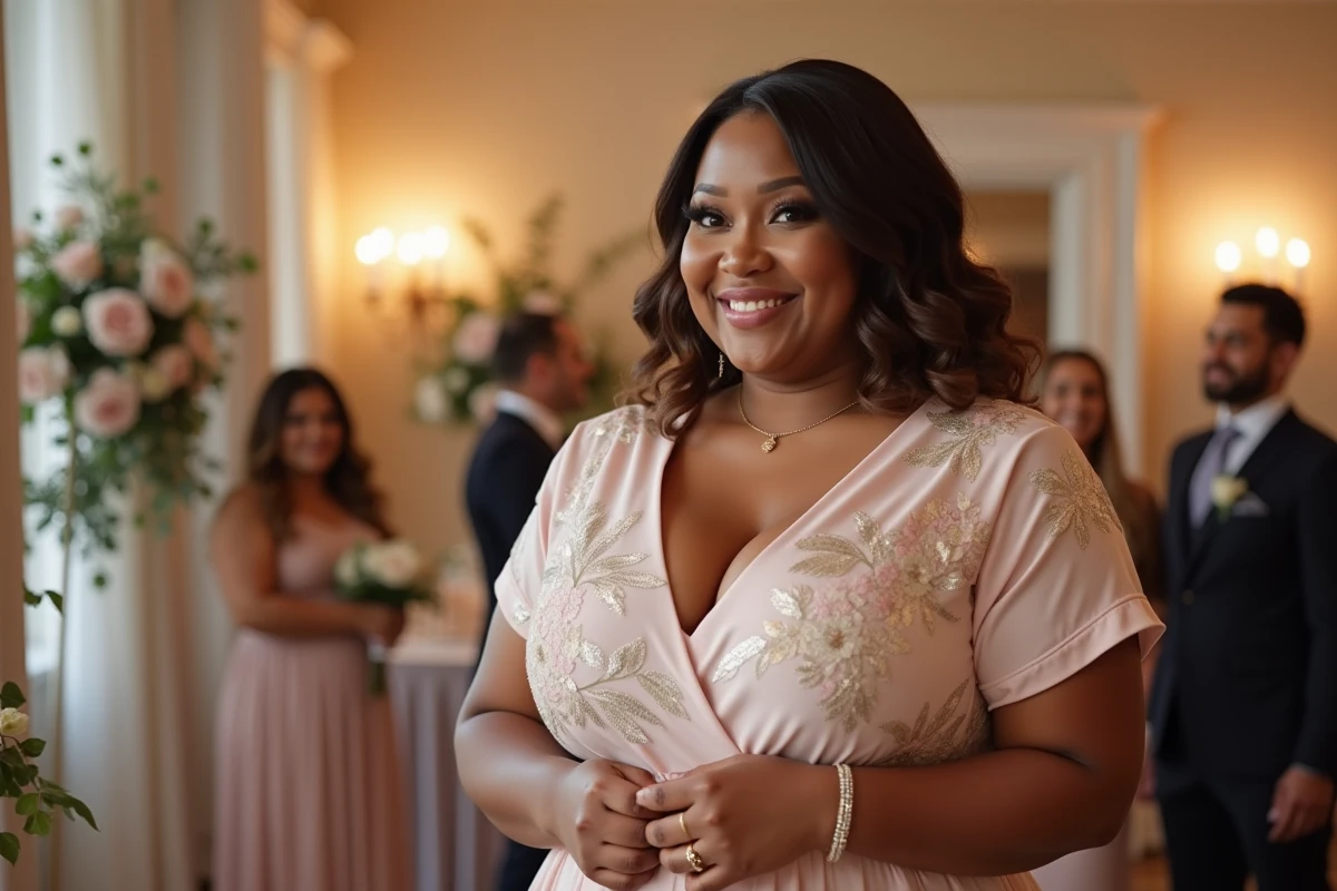 Femme confiante en robe pastel florale lors d’un mariage