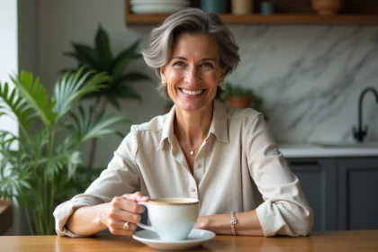 Femme souriante buvant un café dans une cuisine moderne