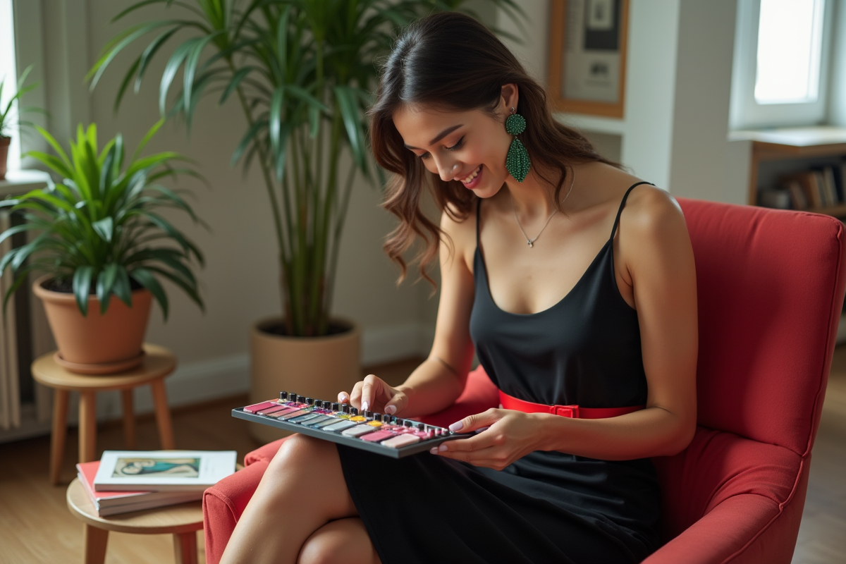 Jeune femme assise dans un salon moderne avec vernis à ongles