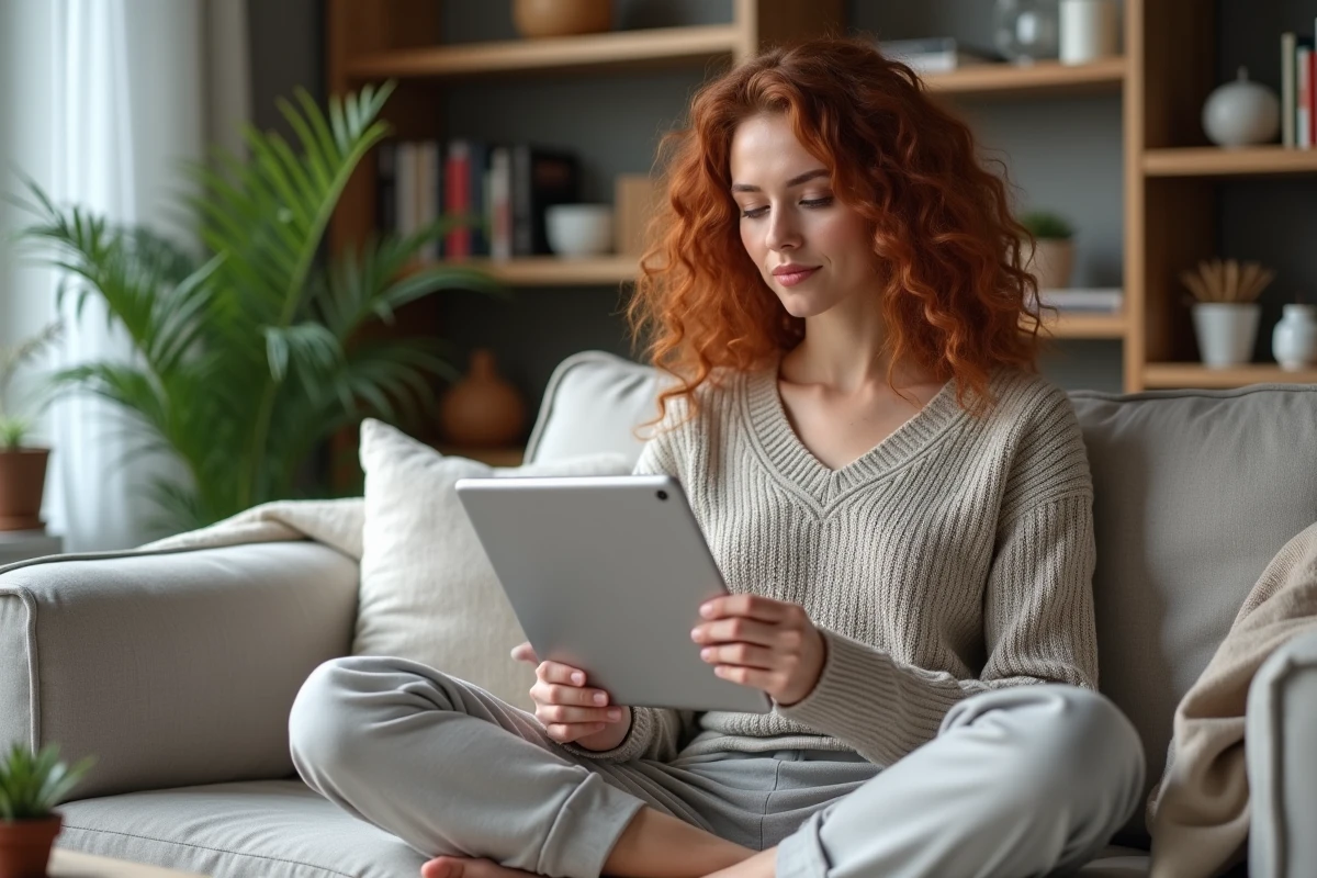 Femme qui fait du shopping en ligne pour des vêtements WANABEE depuis son canapé