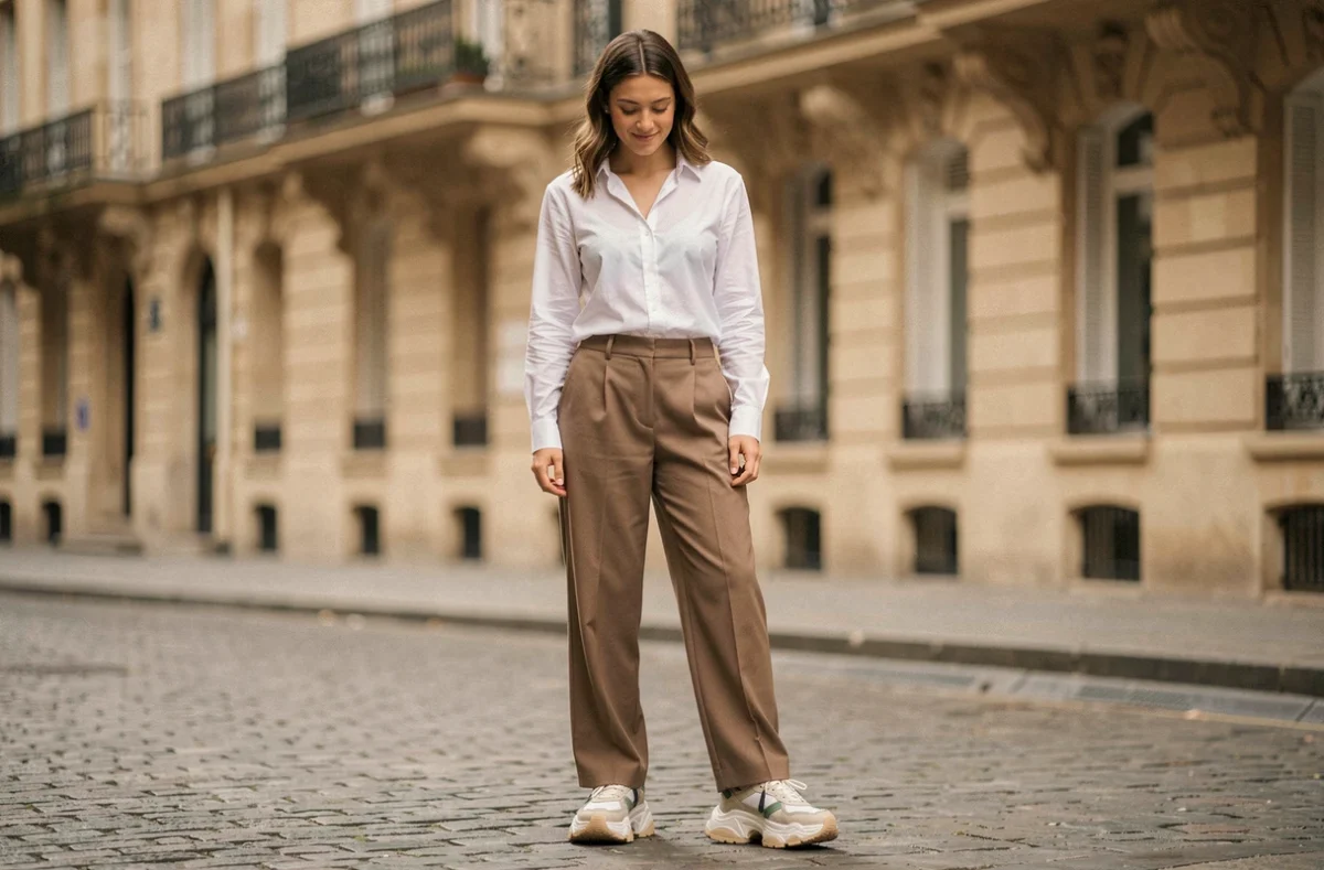 Femme portant des sneakers chunky Balenciaga sur un pavé parisien avec un regard ironique et confiant