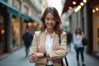 Femme élégante vérifiant sa montre en ville
