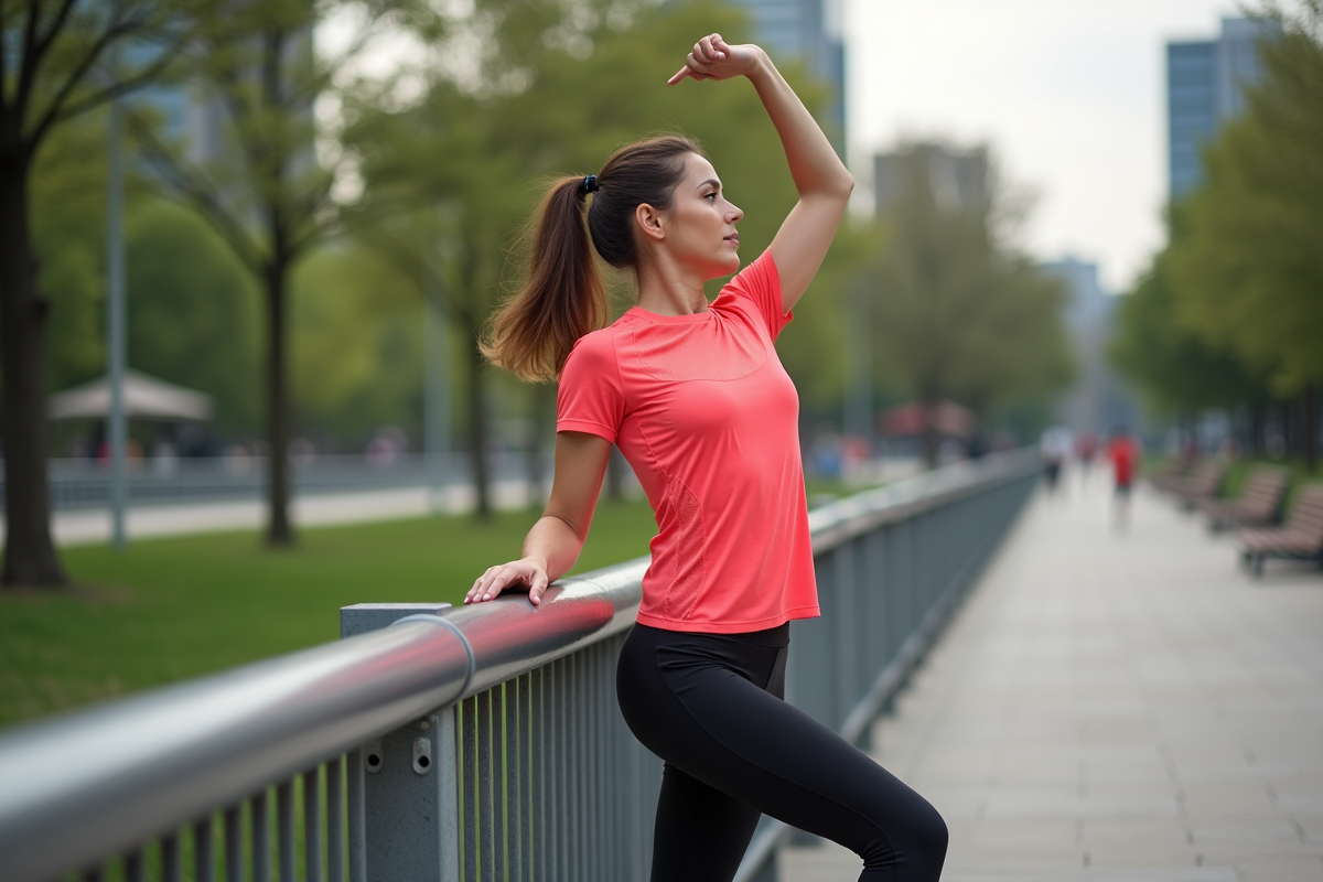 Femme sportive étirant sa tenue technique en plein air