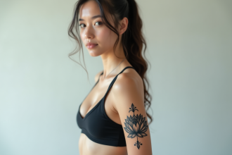 Jeune femme avec tatouage lotus sur l'avant bras