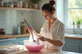 Femme en train de teindre un tissu polyester dans une cuisine lumineuse