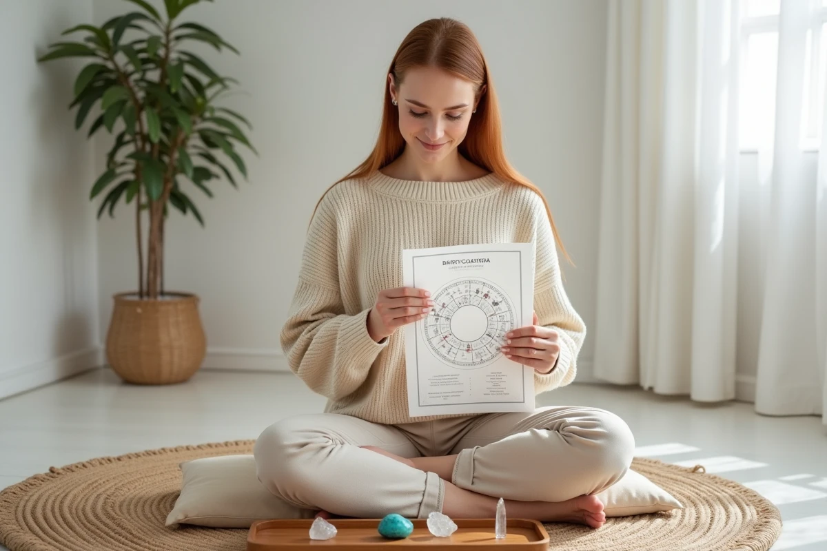 Jeune femme comparant un thème astrologique natal avec des pierres précieuses posées sur un plateau, illustrant le dilemme entre astrologie et intuition pour choisir sa pierre