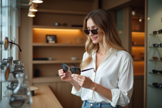 Femme essayant des lunettes de soleil en boutique chic