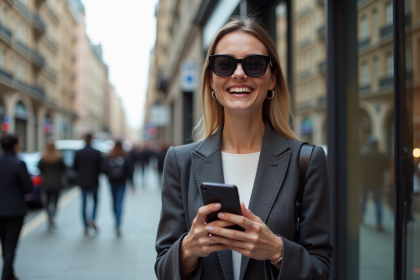 Femme élégante portant un blazer et lunettes de soleil en ville