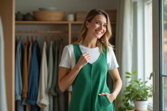 Femme ajustant une robe verte dans un appartement moderne