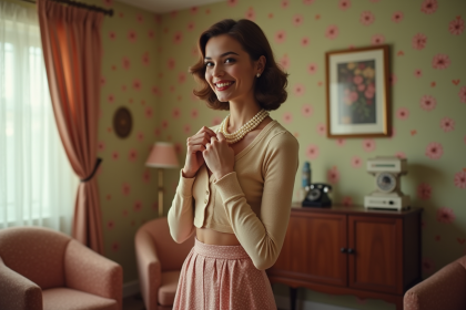 Femme élégante en cardigan pastel et jupe à pois dans un salon vintage