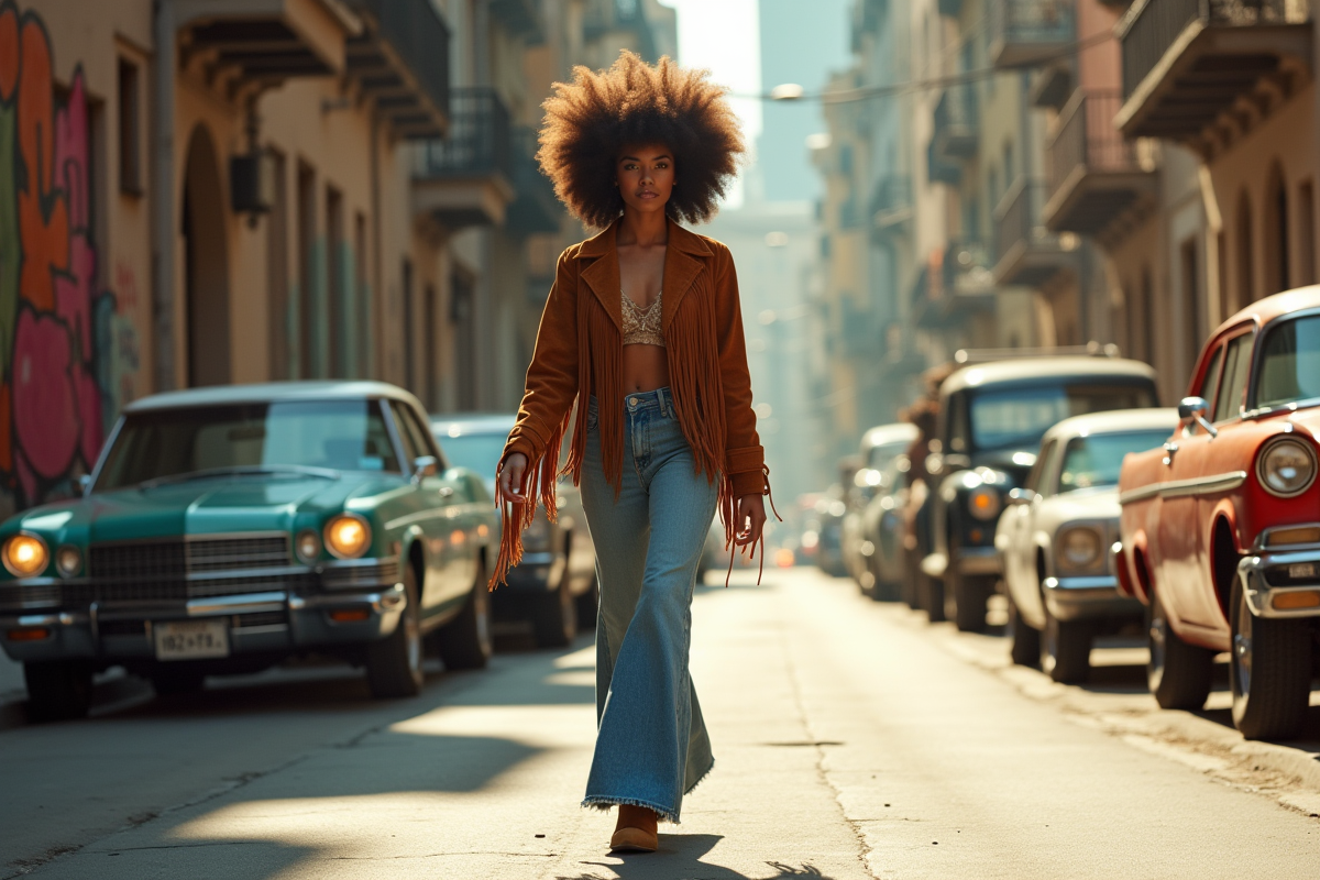 Femme avec coiffure afro en style vintage dans la rue