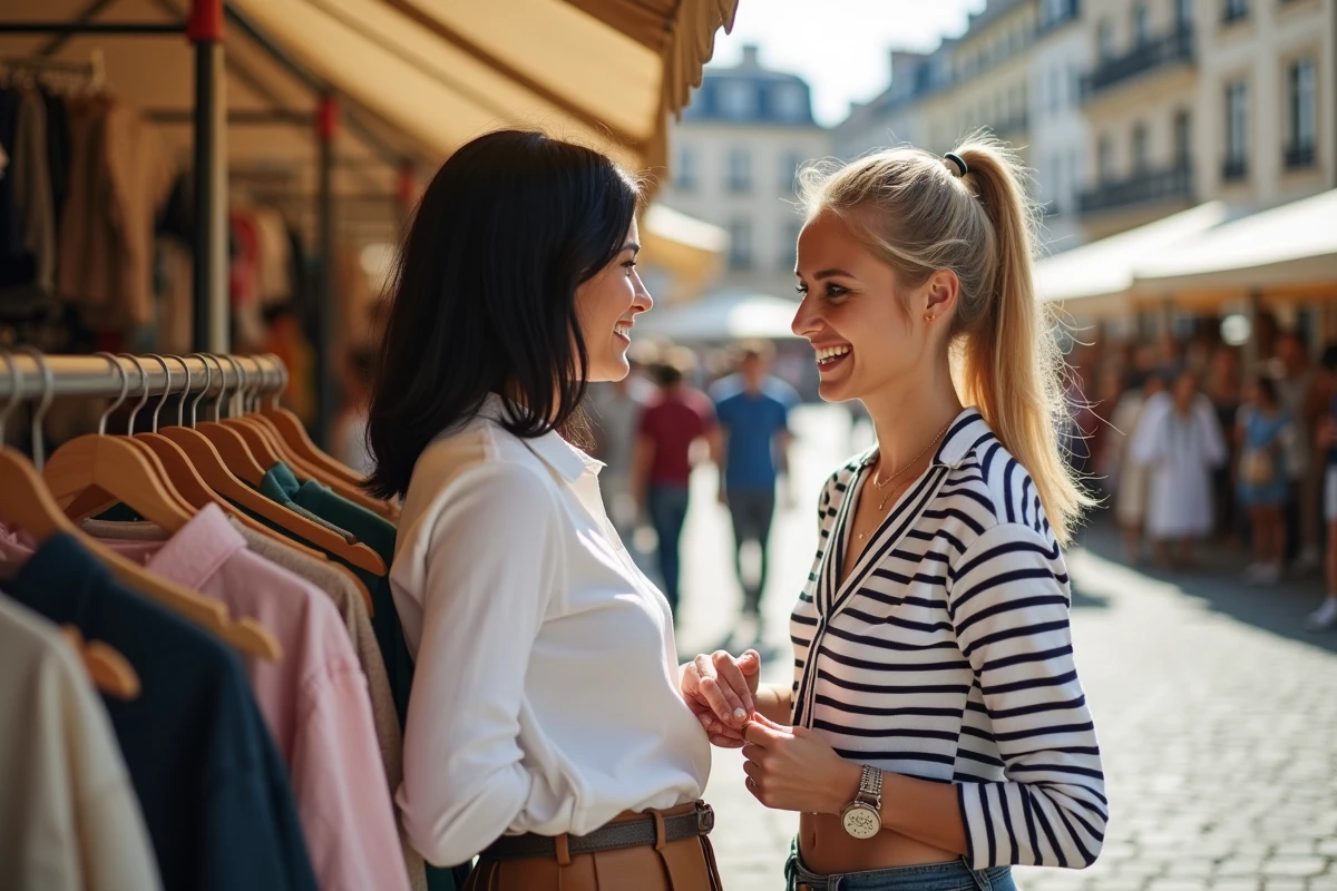 Deux femmes comparant des vêtements WANABEE sur un marché en plein air
