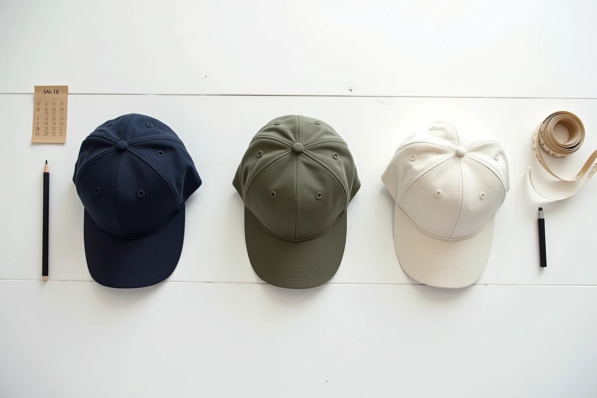 Flat lay de trois casquettes non brodées de tailles différentes avec mètre ruban et guide de mesures pour personnalisation