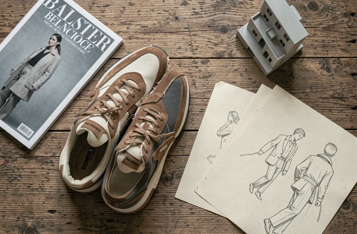 Flat-lay de sneakers Balenciaga déstructurées avec magazine de mode et croquis sur table en chêne