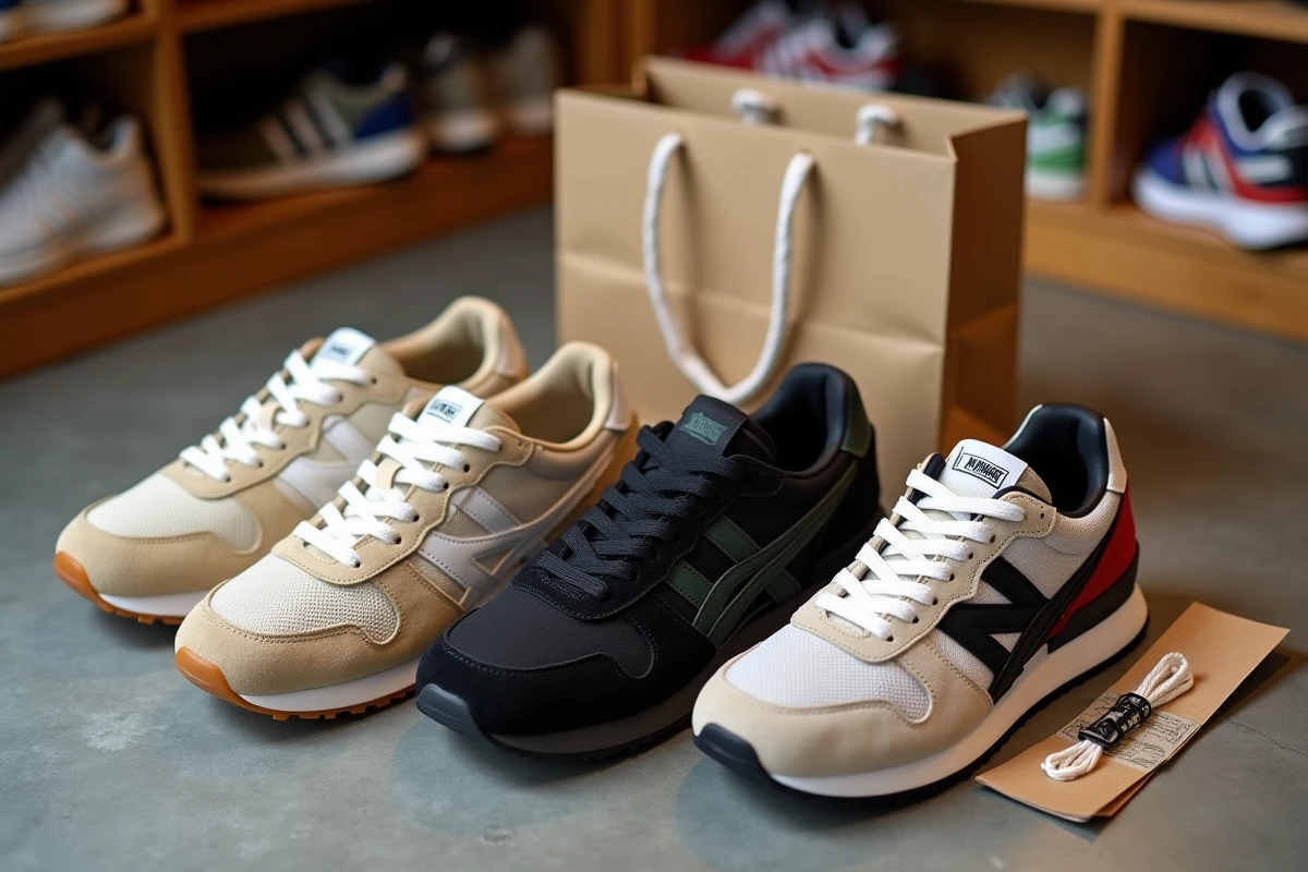 Flat lay de trois paires de sneakers premium disposées sur béton brut avec sac boutique et papier de soie dans un shop sneakers nantais