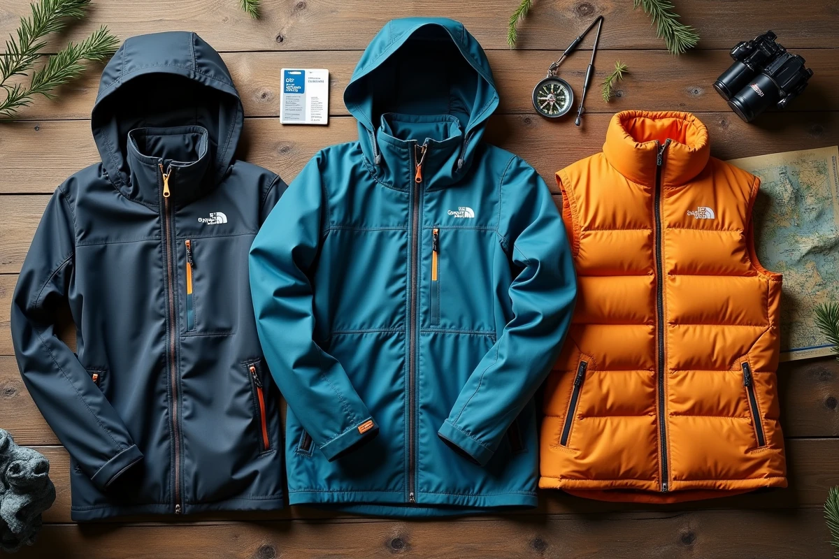 Flatlay de vêtements de montagne durables avec étiquettes de certification et composition des matières visibles sur une table en bois, guide pour reconnaître une bonne marque de vêtement de montagne