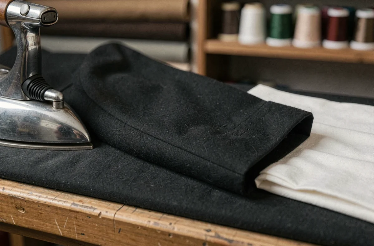 Gros plan d'un fer à vapeur vintage repassant la manche d'un costume noir en laine sur une planche de tailleur professionnelle