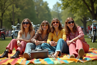 Groupe d'amis dans les années 70 en mode rétro en plein air