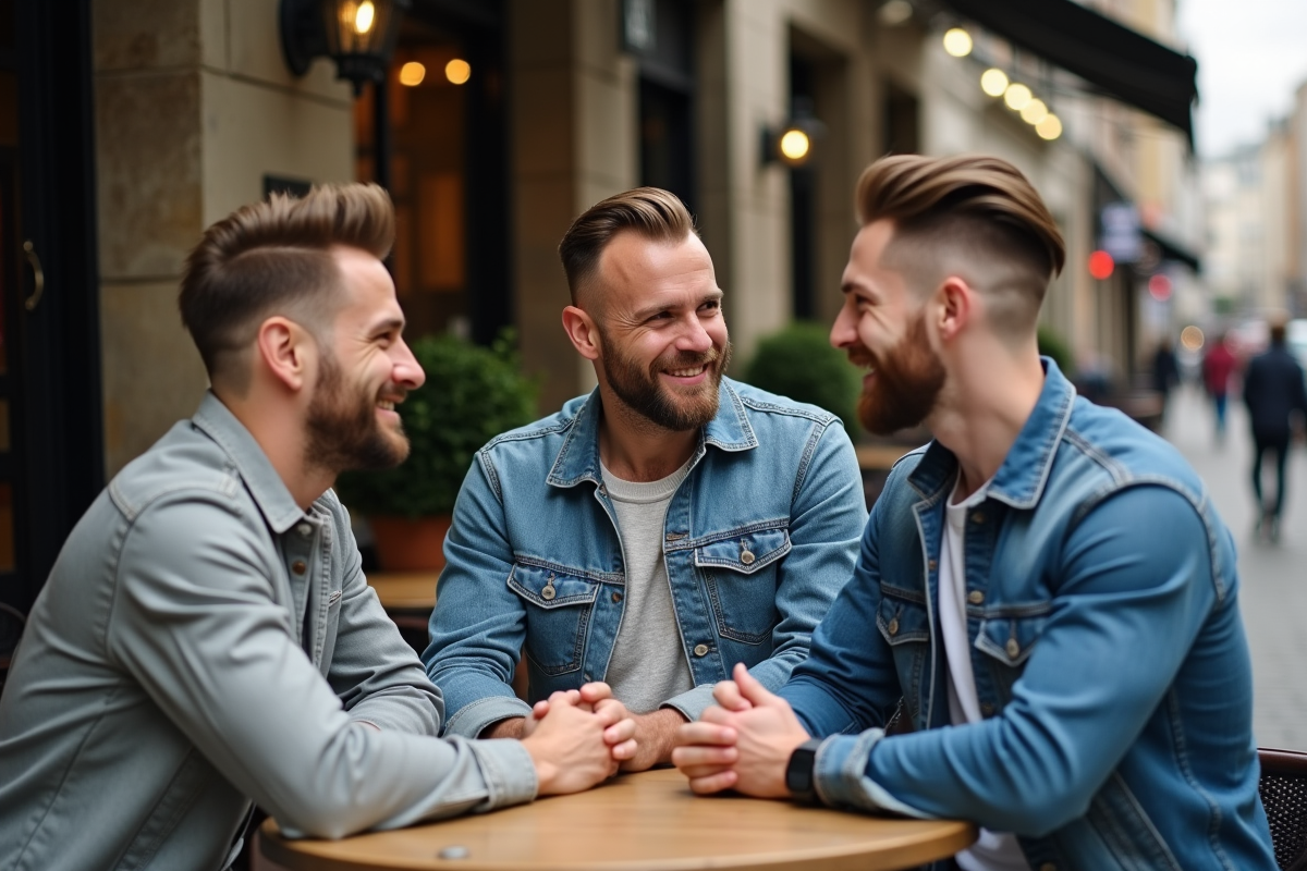 Trois hommes avec coupes de cheveux tendance au café urbain