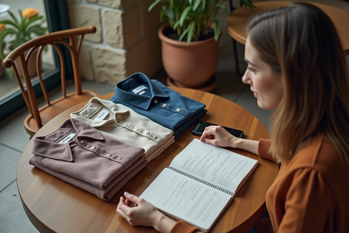 Femme comparant des vêtements IKKS, Zara et Mango posés sur une table de café parisien avec un guide des tailles