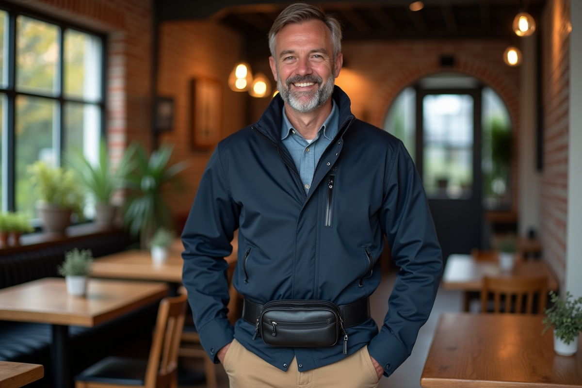 Homme souriant portant un sac banane dans un café