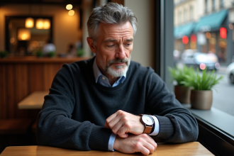 Homme d'âge moyen au café regardant sa montre