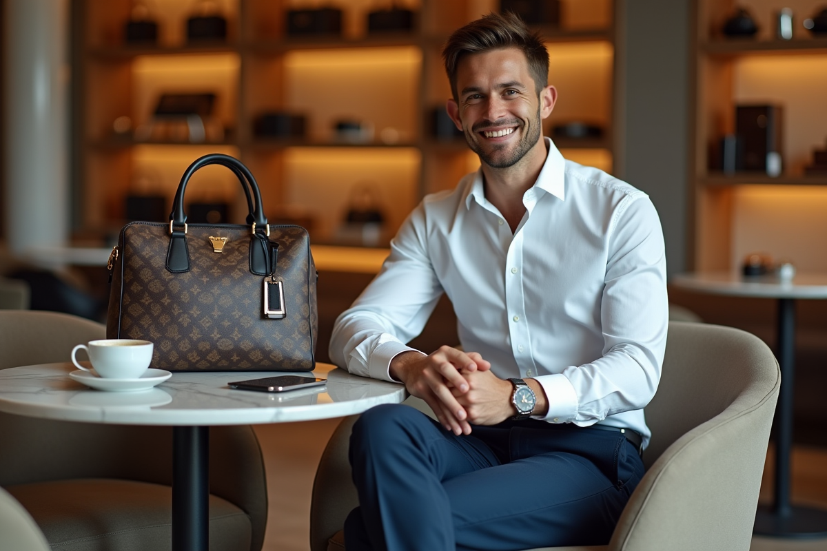 Homme assis au café avec sac de luxe sur la table