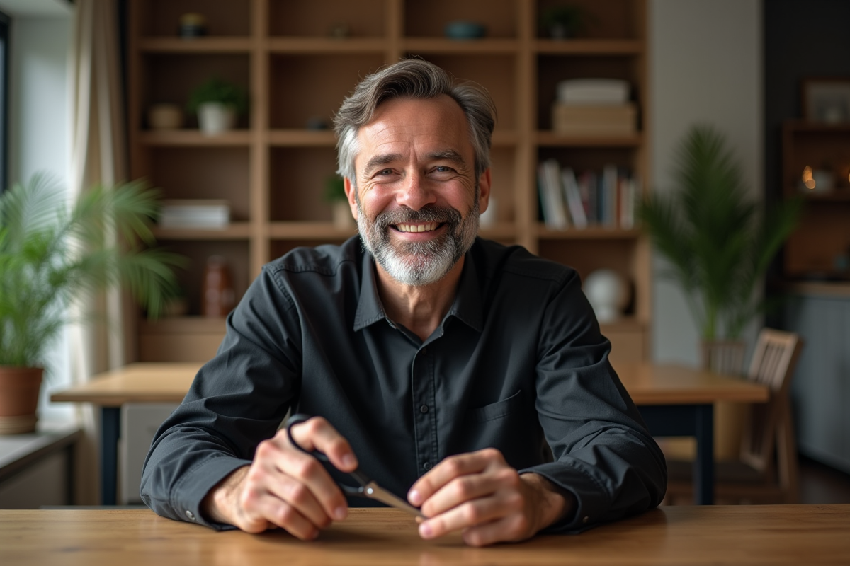 Homme coiffant sa barbe à la maison avec des ciseaux