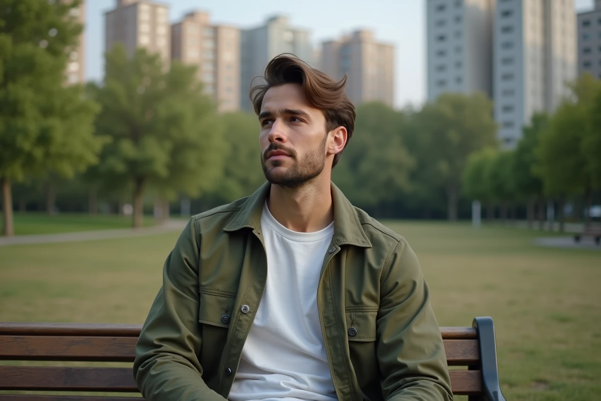 Homme en veste olive dans un parc urbain calme