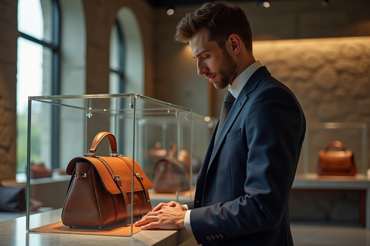 Jeune homme en costume examinant un sac de luxe dans un showroom