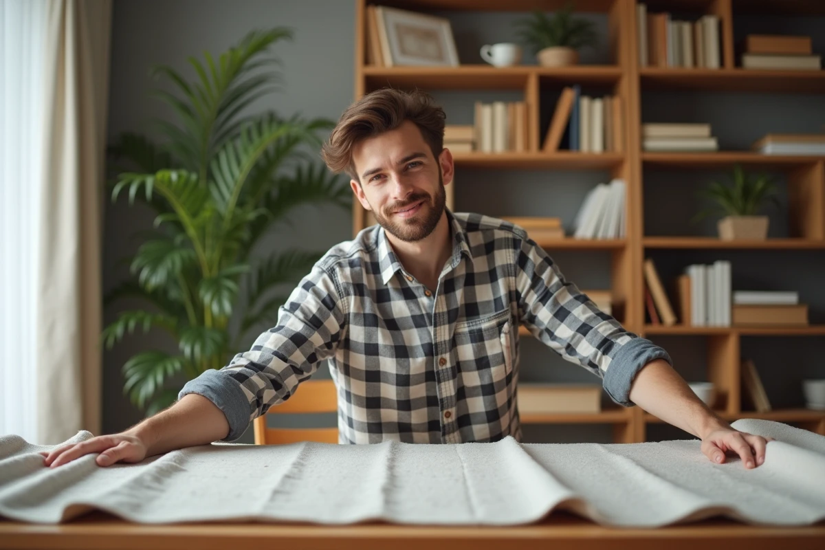 Jeune homme ajustant des rideaux en polyester teints dans un salon chaleureux