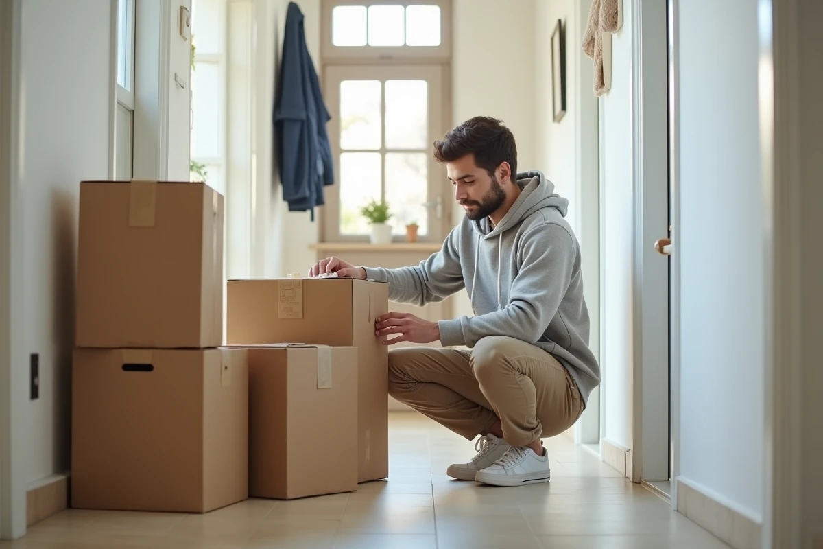 Homme scellant un colis dans un couloir moderne