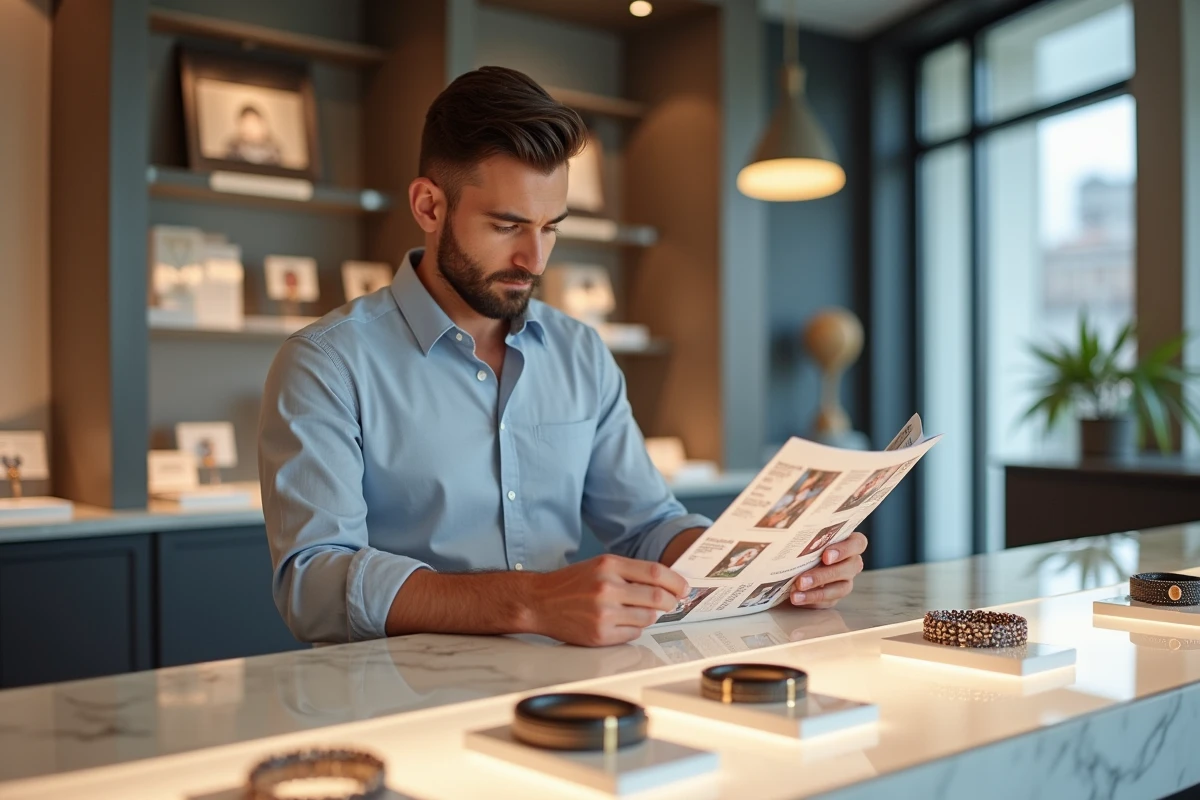 Homme vérifiant un catalogue de bracelets dans une boutique