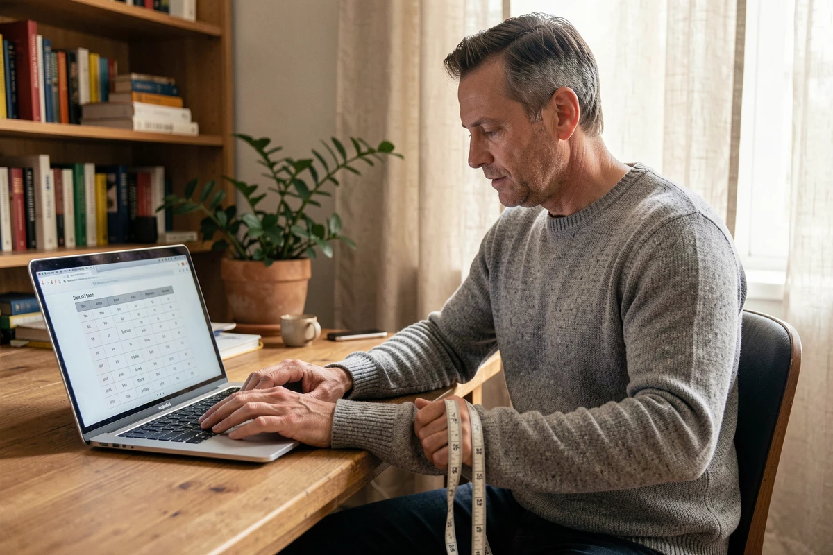 Homme consultant un guide de tailles de vêtements en ligne depuis son bureau à domicile