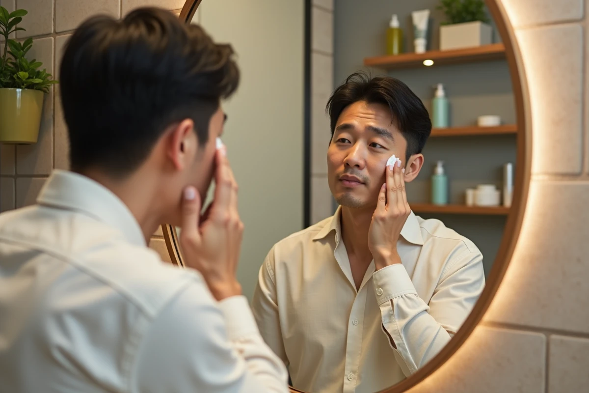 Homme coréen appliquant une creme visage dans sa salle de bain