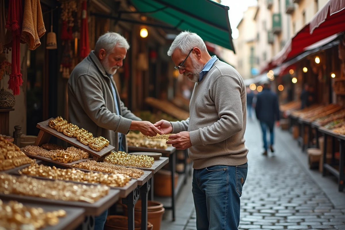 Homme décontracté compare chaînes en marché extérieur