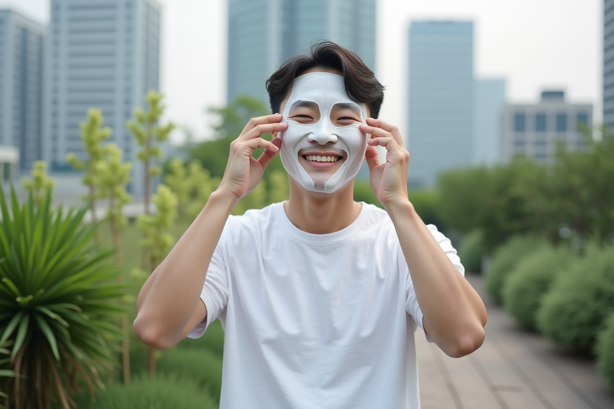 Homme koreen appliquant masque visage sur rooftop urbain