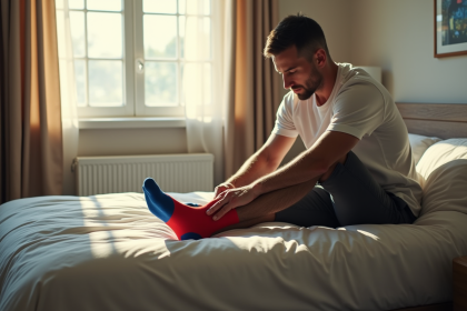 Homme assis sur le lit en mettant une chaussette colorée