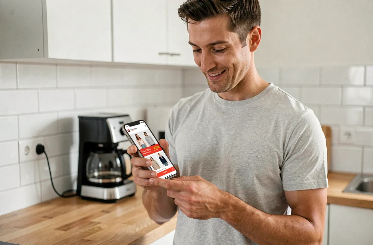 Homme consultant les promotions Kiabi sur smartphone dans une cuisine, avec interface e-commerce visible à l'écran