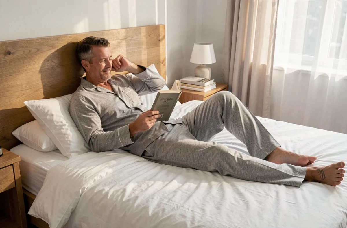 Homme en pyjama pilou gris chiné haut de gamme allongé sur un lit en lin blanc lisant un livre, dans une chambre épurée avec parquet en chêne et lumière naturelle matinale