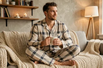 Homme en pyjama pilou haut de gamme à carreaux marine et ivoire, assis sur un canapé avec un plaid en maille épaisse, tenant une tasse chaude dans une ambiance cocooning chaleureuse