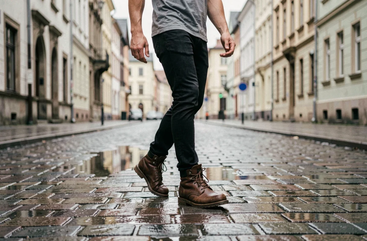 Homme portant des rangers marron avec un jean slim marchant sur des pavés mouillés dans une rue urbaine européenne