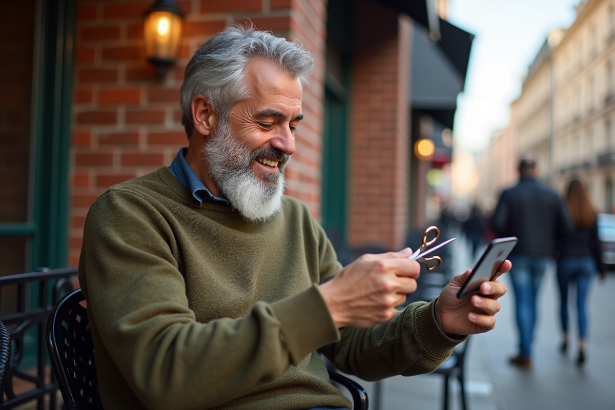 Homme avec barbe salt and pepper se coiffant au café en extérieur