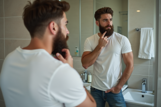 Homme en train de se raser dans la salle de bain moderne