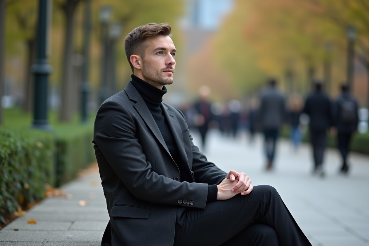 Homme en costume détendu assis dans un parc urbain