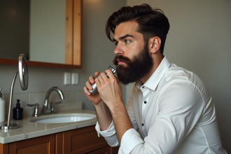 Homme élégant se coiffant sa barbe dans la salle de bain